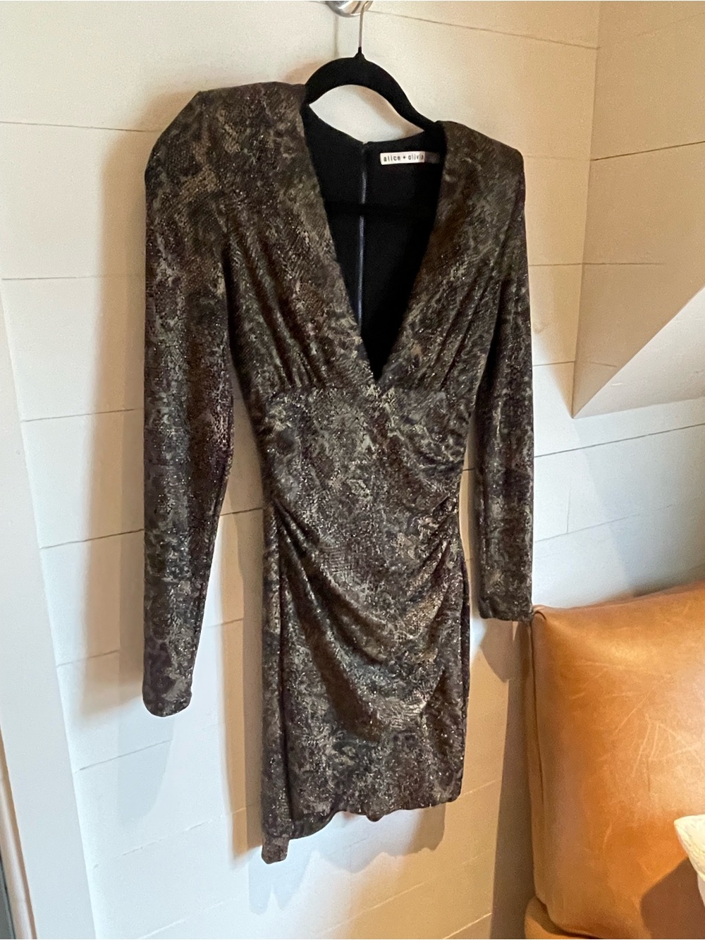 Alice + Olivia Olive Metallic V-Neck Ruched Long Sleeve Dress